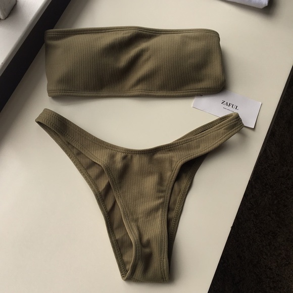 high cut ribbed bandeau bikini set